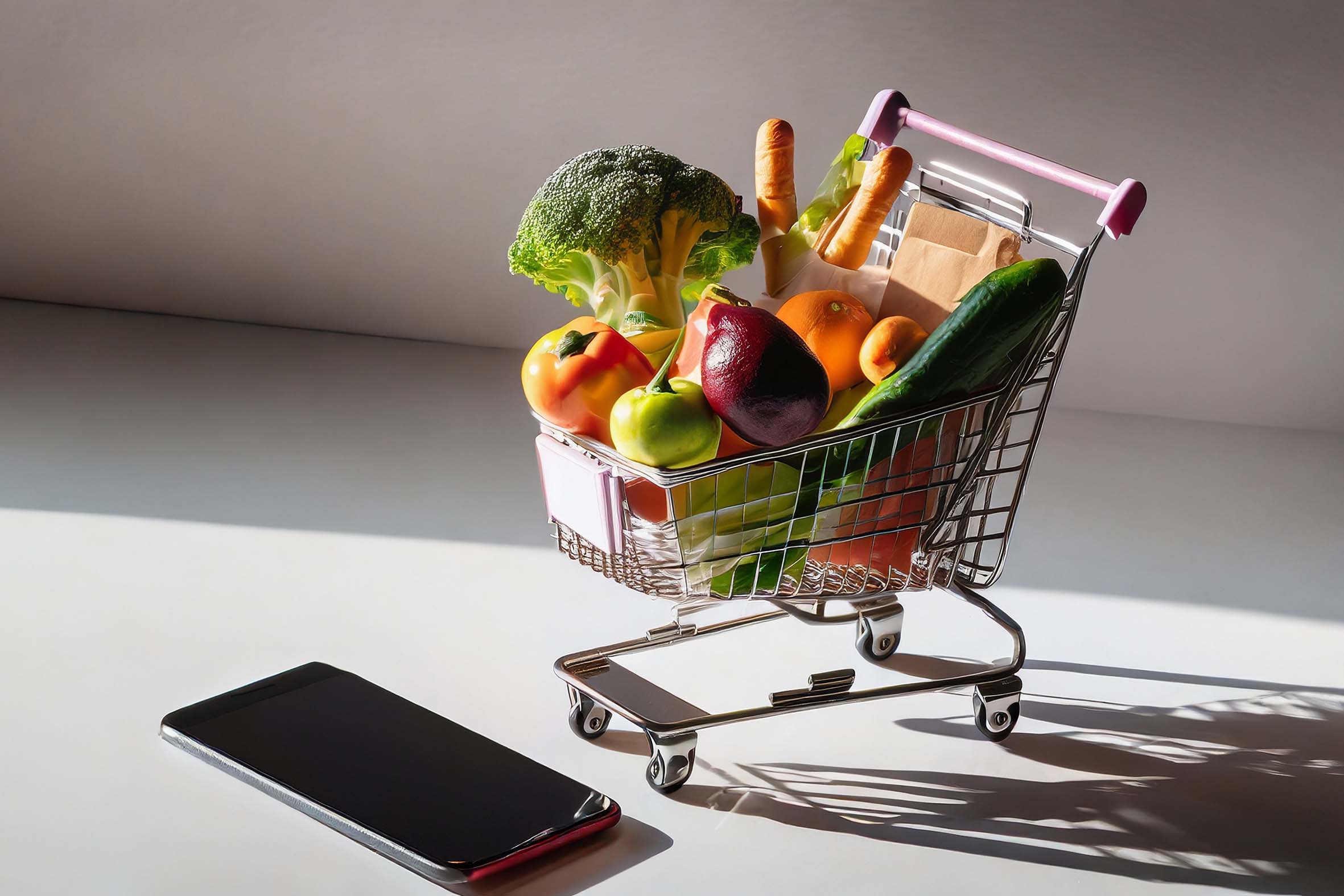 Fresh groceries and goods falling in a supermarket trolley, groc